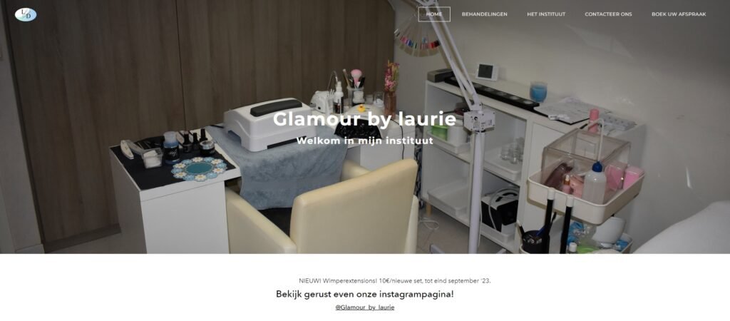 Screenshot van de homepage van Glamour by Laurie met de presentatie van het schoonheidsinstituut.