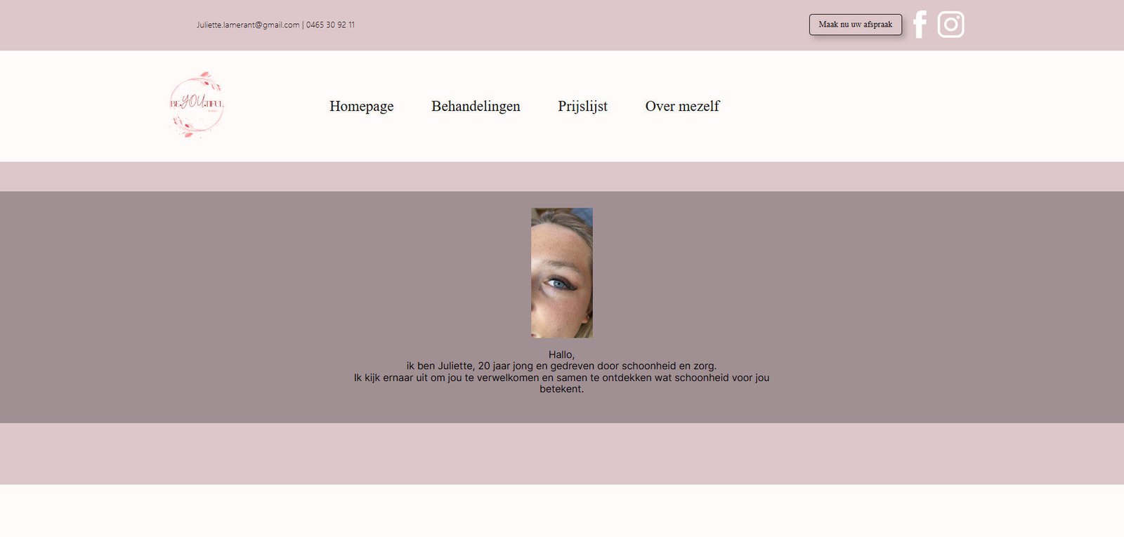 Website van Beyoutiful by Juliette met zachte roze tinten, navigatie en een persoonlijke introductie.